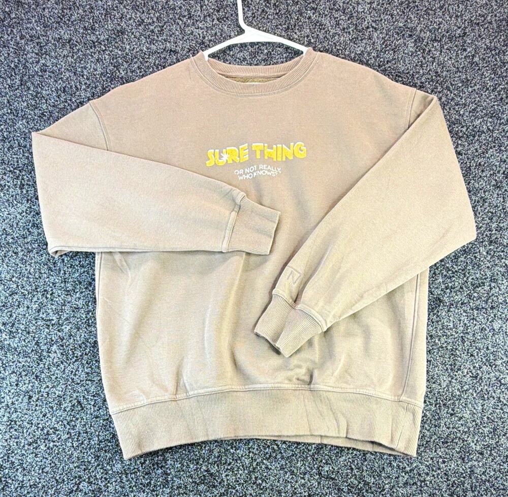 ZARA INDITEX Beige Crew Neck Pullover Sweatshirt L Graphic Quote Logo Knit